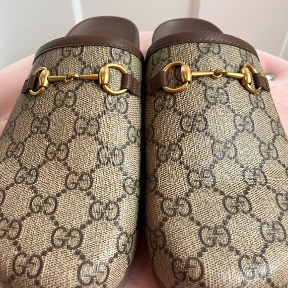 Designer Inspired Beige and Brown Mules with Gold Accents - Picture 7 of 7